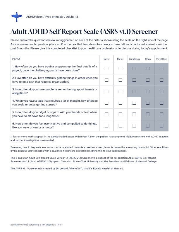 Preview of ASRS v1.1 screener printable