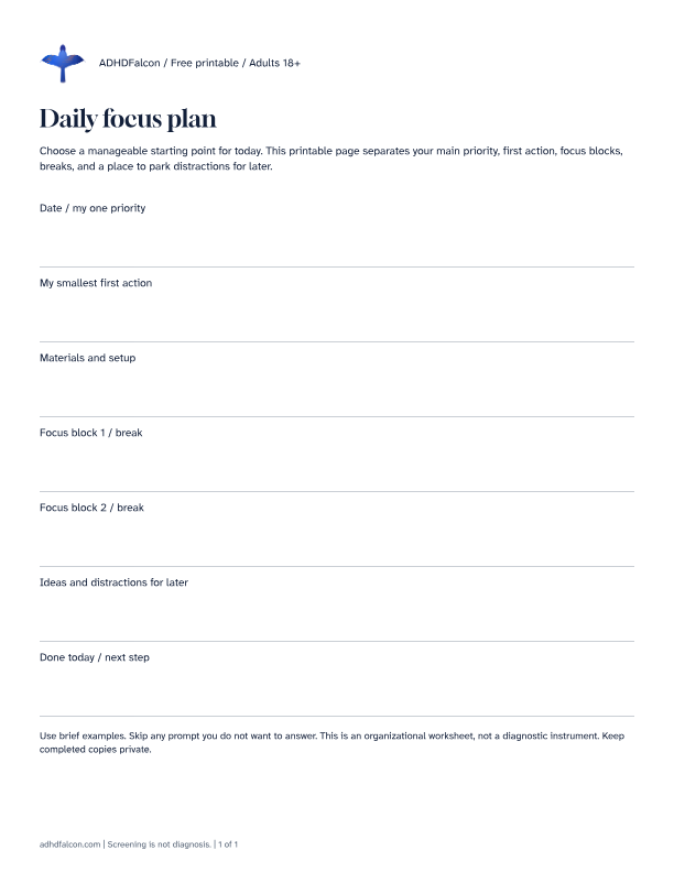 Preview of Daily focus plan