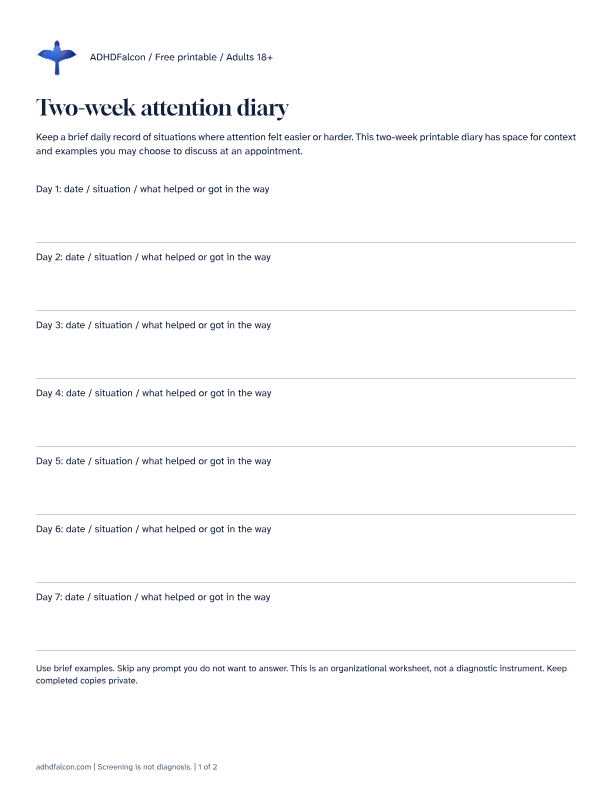 Preview of Two-week attention diary